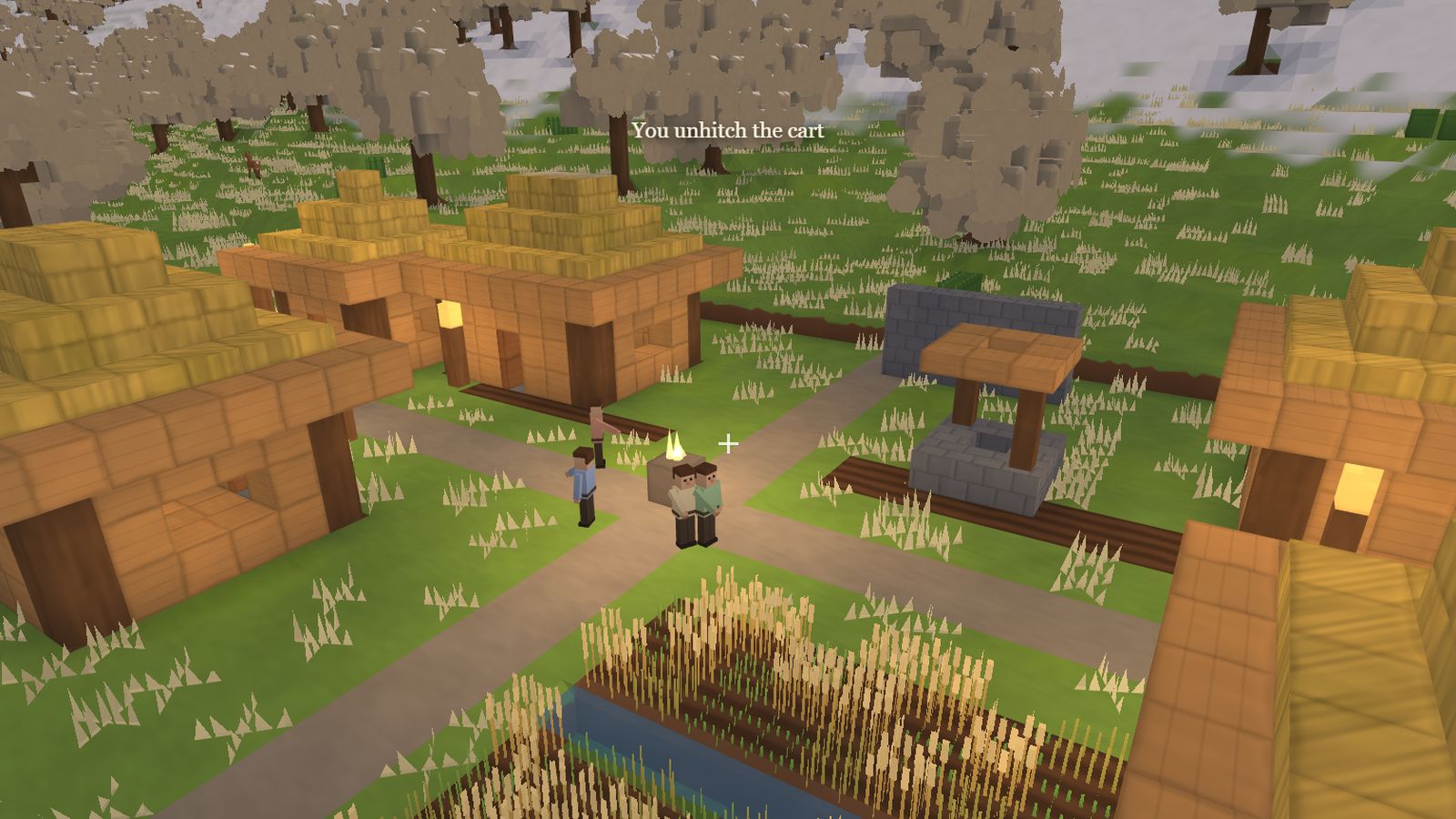 The same square as a steading with a lit hearth and villagers