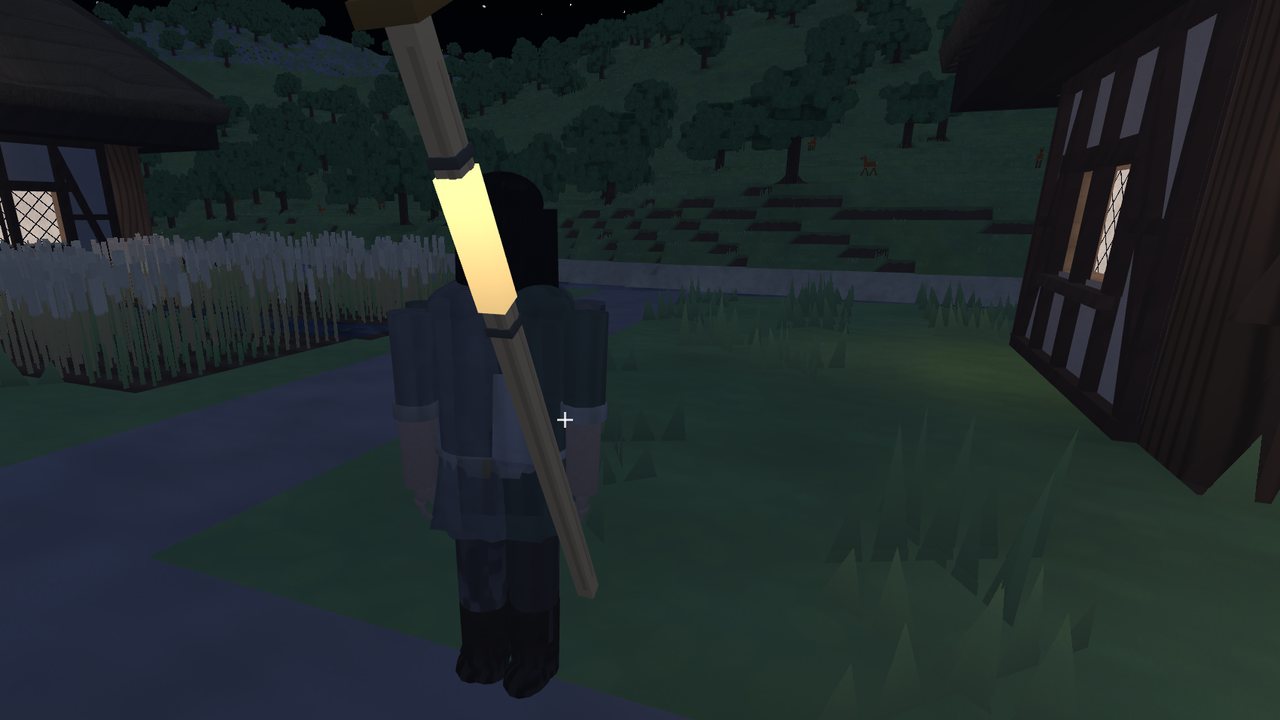 A villager at night carrying a staff with a glowing inlay