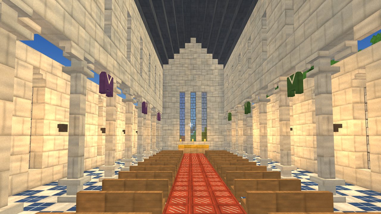 The cathedral nave with pews and tall windows