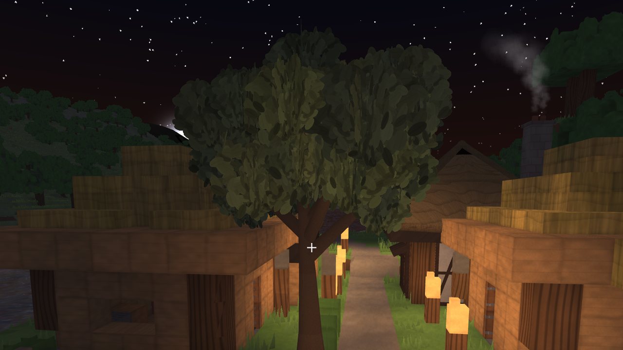 The village lane at night with the oak among the houses during the Reckoning