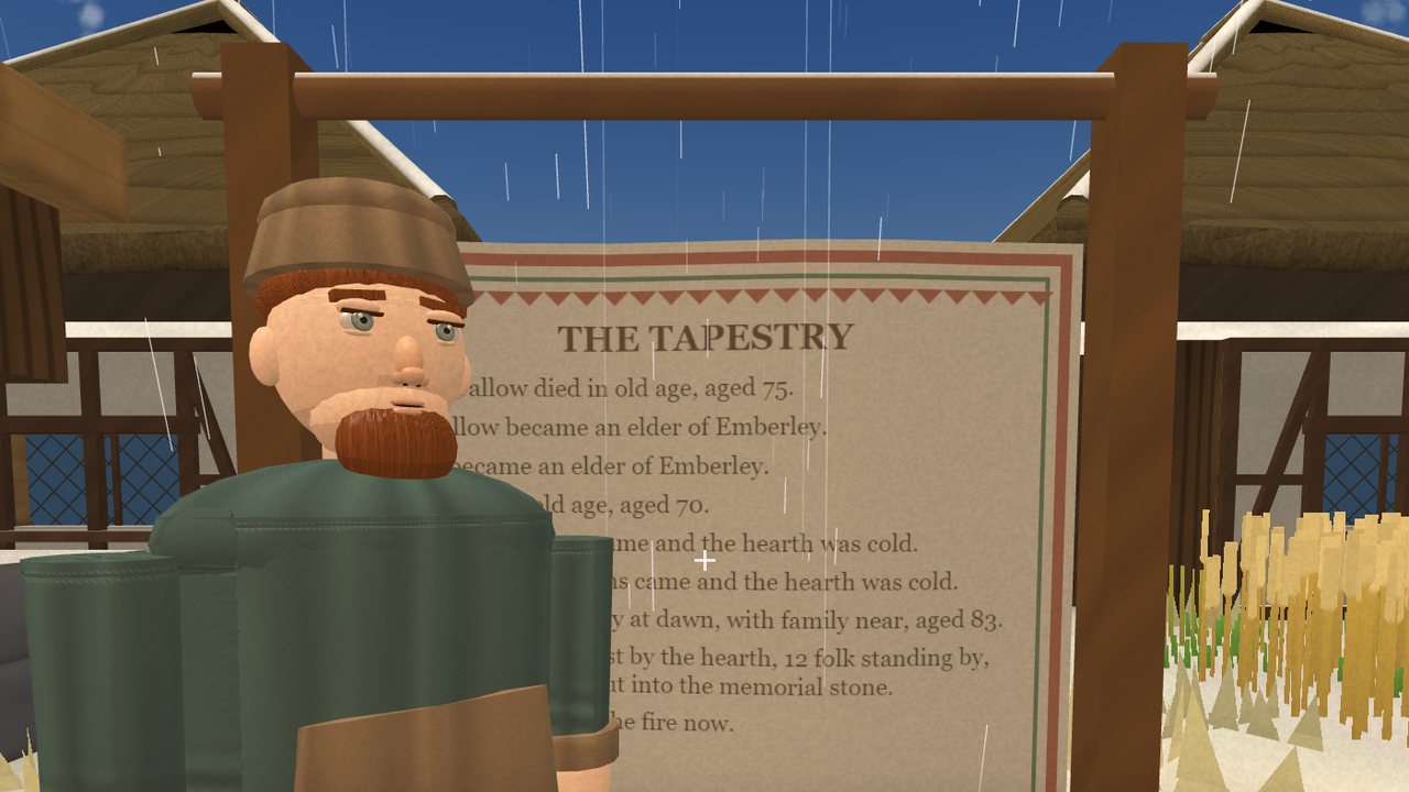 A villager in front of the Tapestry board that lists the lives of the village