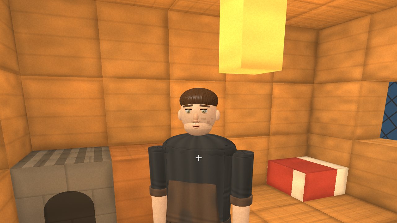 The same villager after the folk pass, with a shaped face, hair and clothes