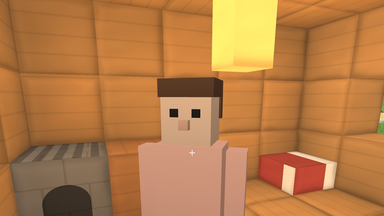 A villager indoors before the folk pass, with a plain blocky face