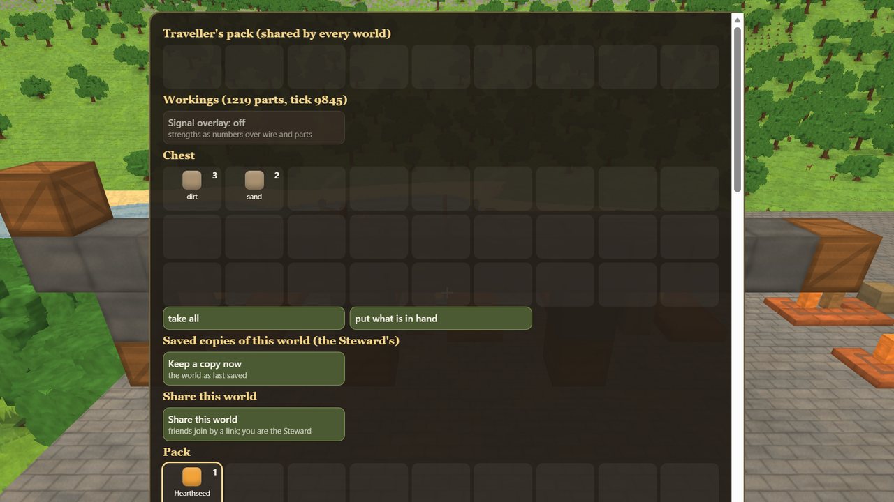 The world panel beside a chest, with the Saved copies section