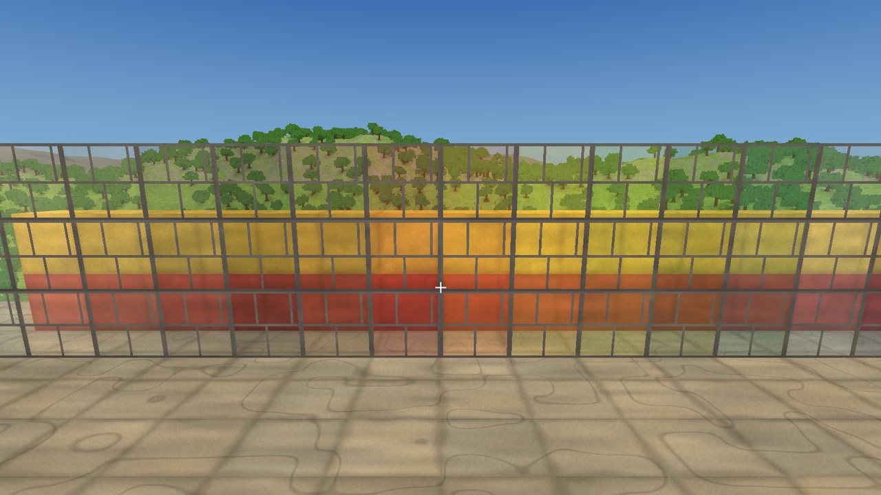 A wall of coloured glass panes in a row with trees behind