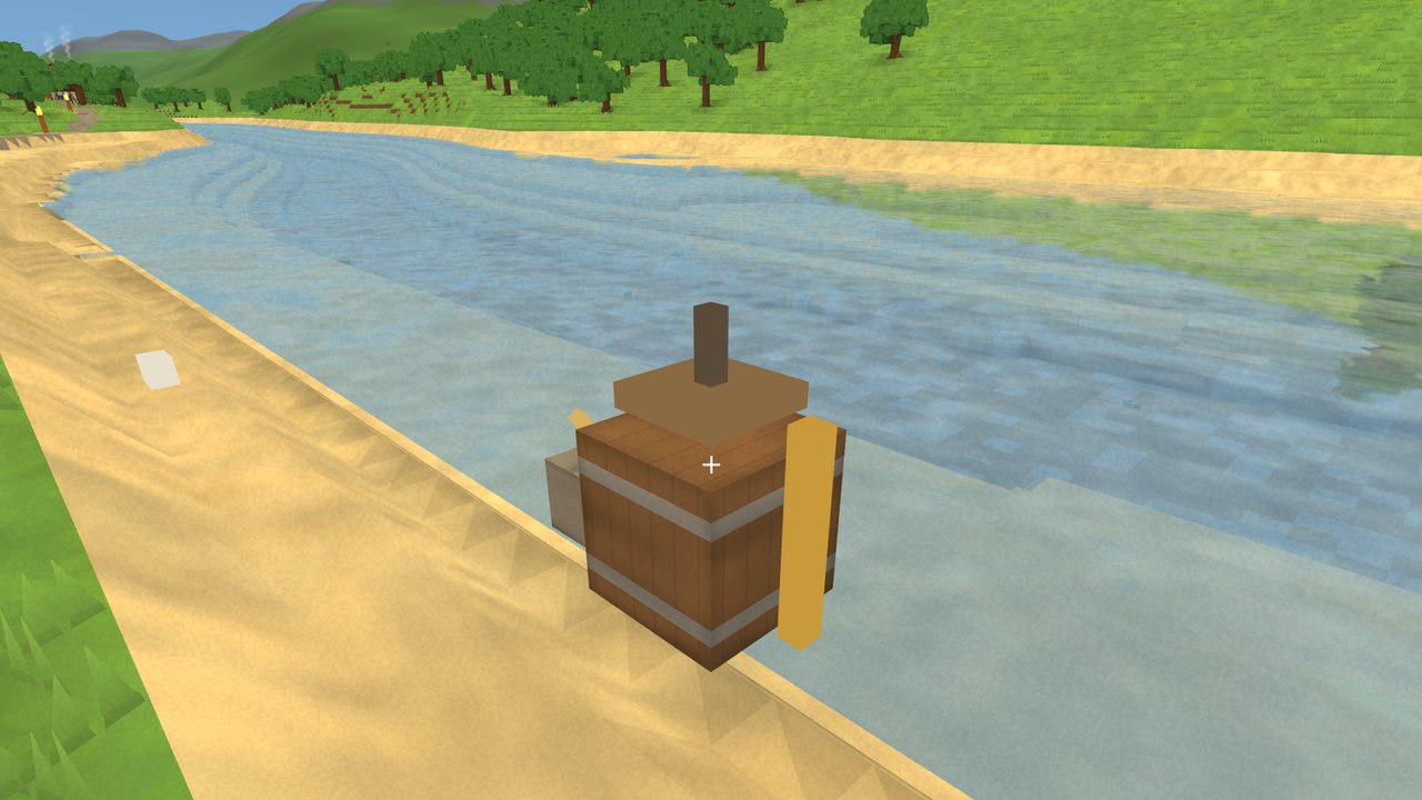 A cider press block from a pack standing on a sandy riverbank