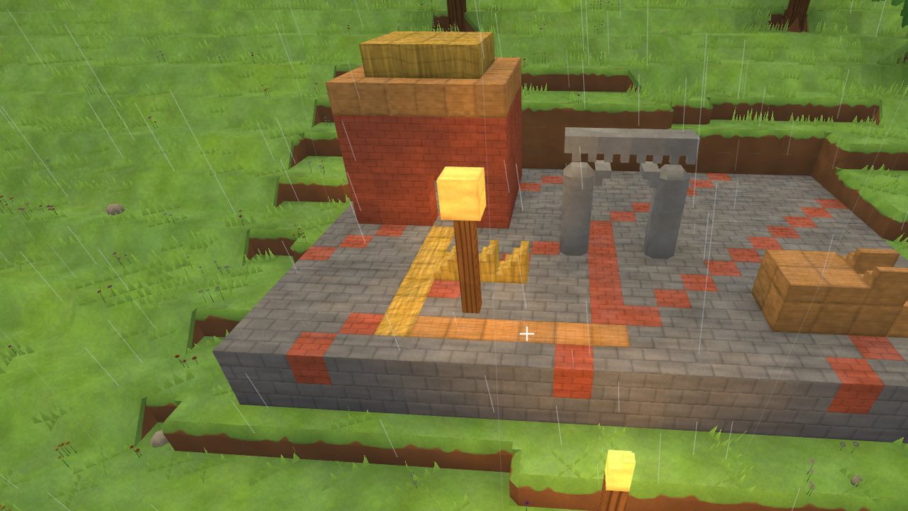 A shared world where players have laid out a stone floor with tools and a torch