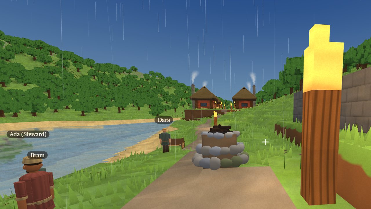 A guest's view by the river with the names Ada (Steward), Bram and Dara over the other players