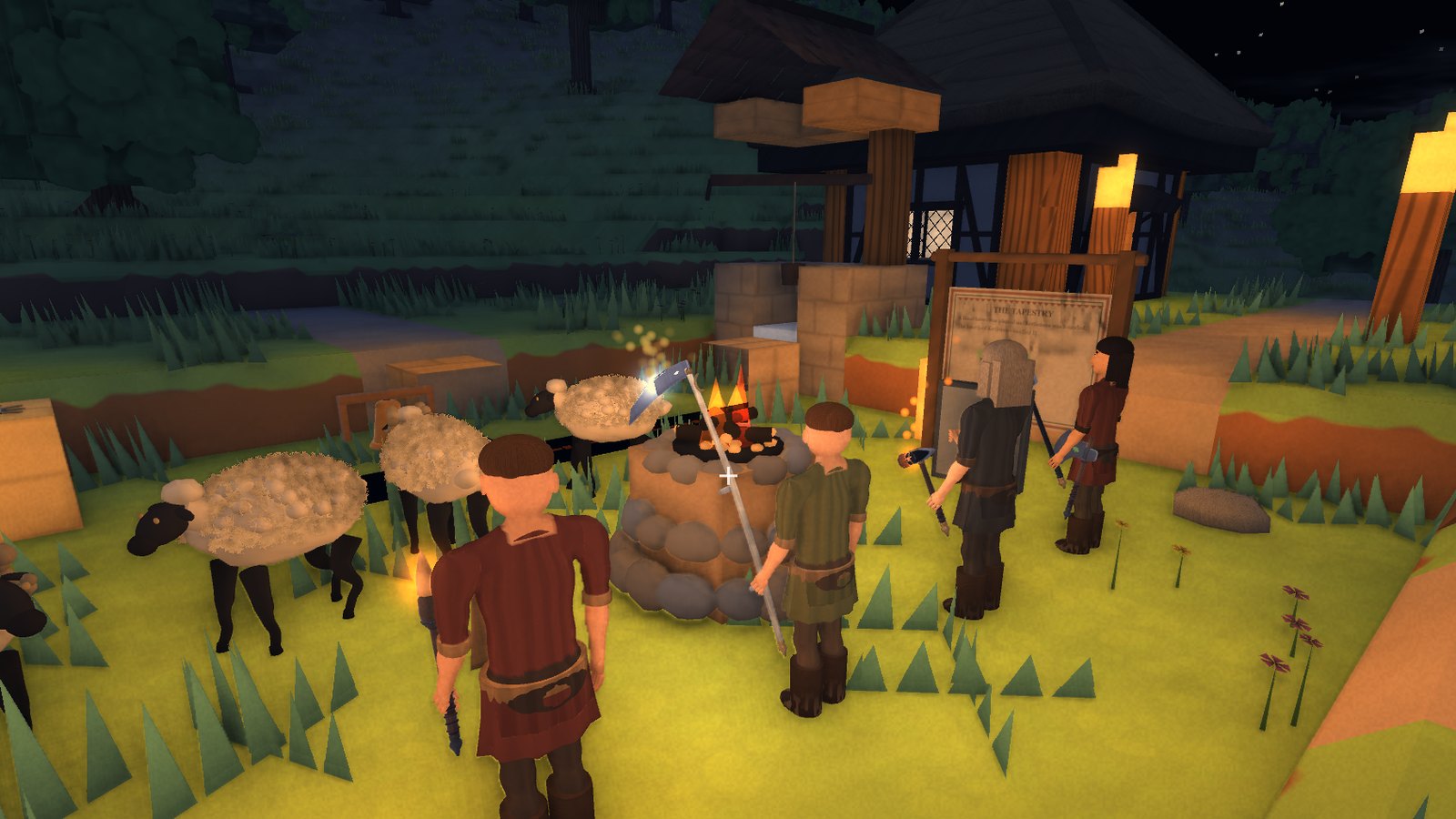 Folk and sheep gathered round a stone hearth at night, lamps lit beside a timber house