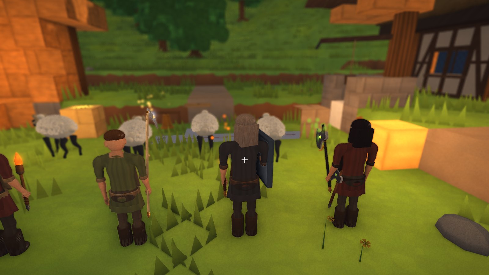 Four folk of the valley with tools in a village square, sheep behind them
