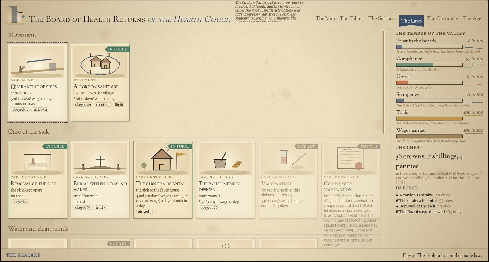 The Laws screen in the cholera century: illustrated law cards for quarantine, a cordon sanitaire and the cholera hospital