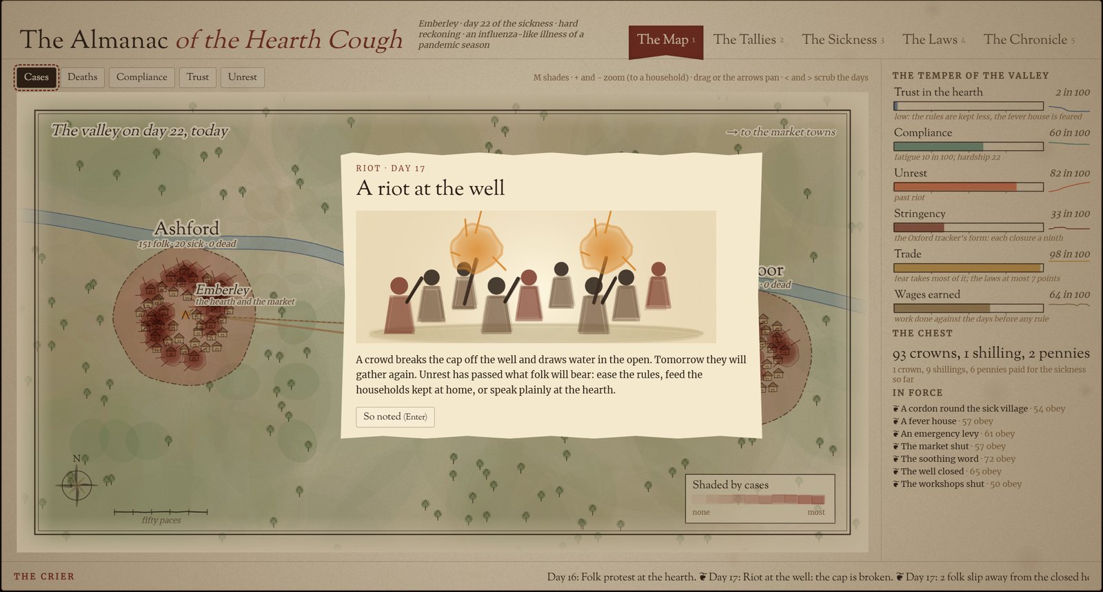 An event card on the Almanac map: a riot at the well, folk with torches, with the valley map behind