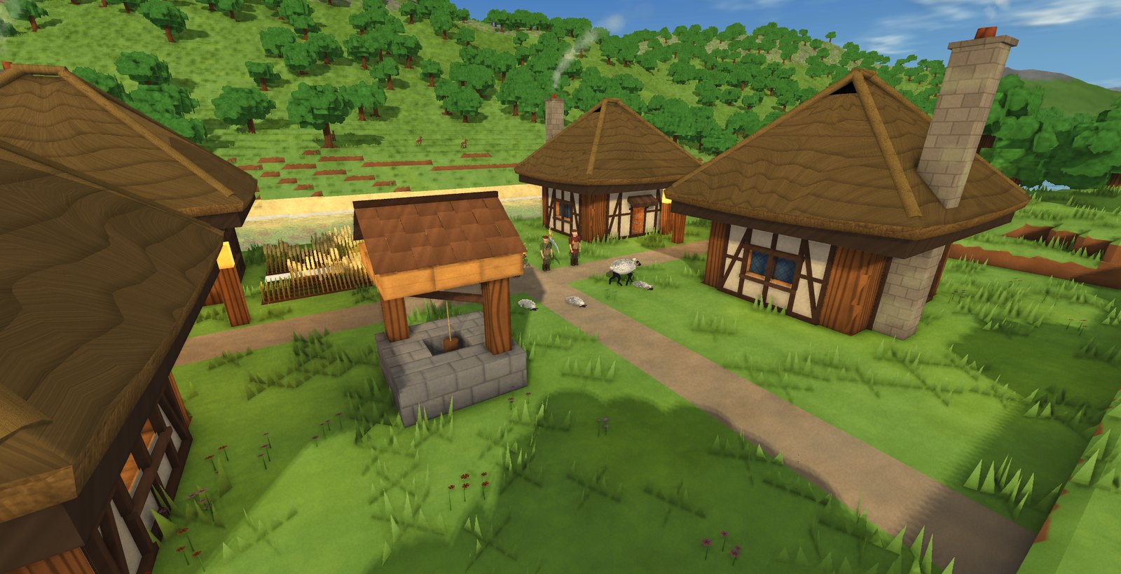 A village at noon: thatched houses, the well and the road under the seasonal sun