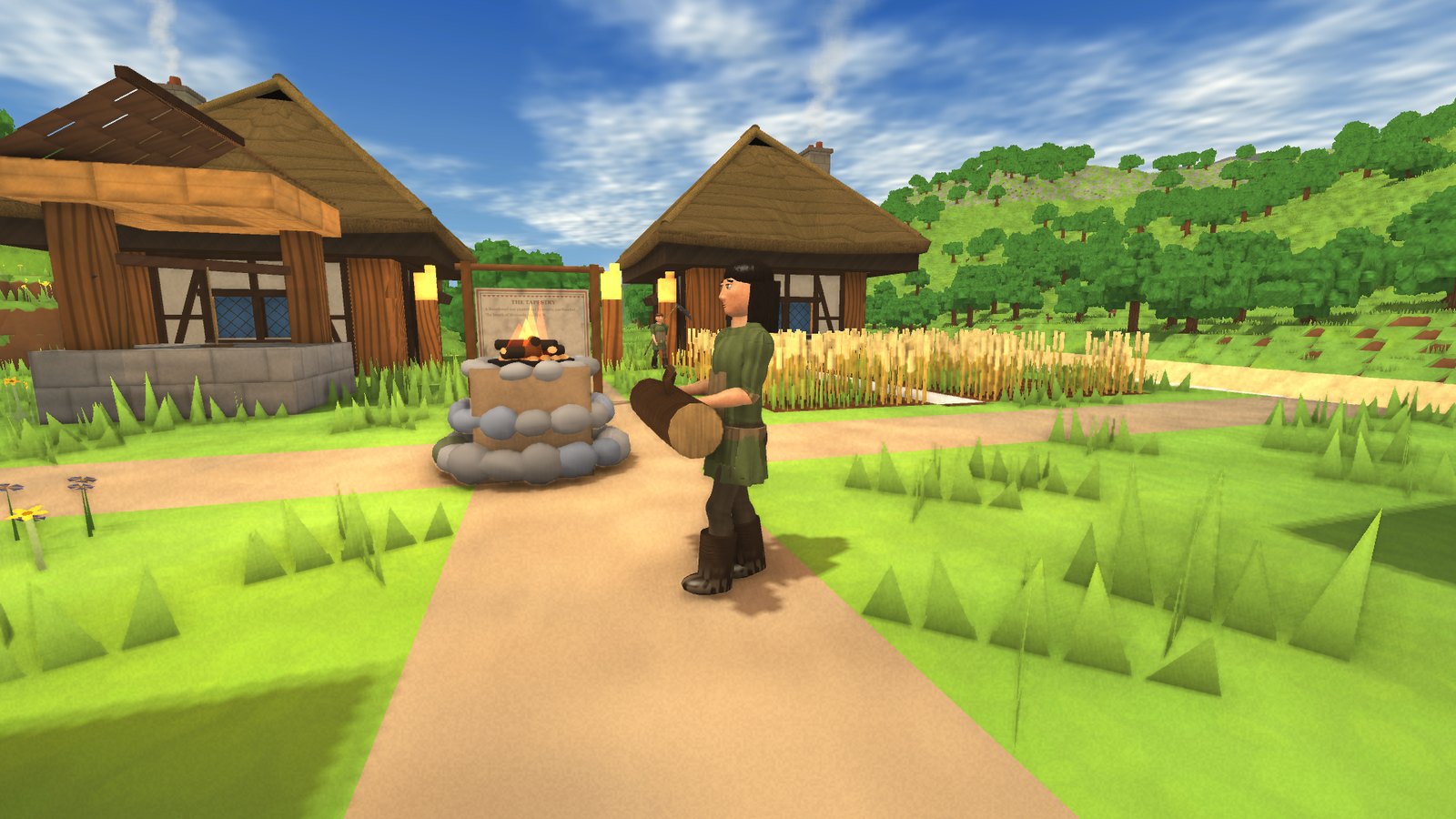 A villager carries a log past the hearth on her daily round