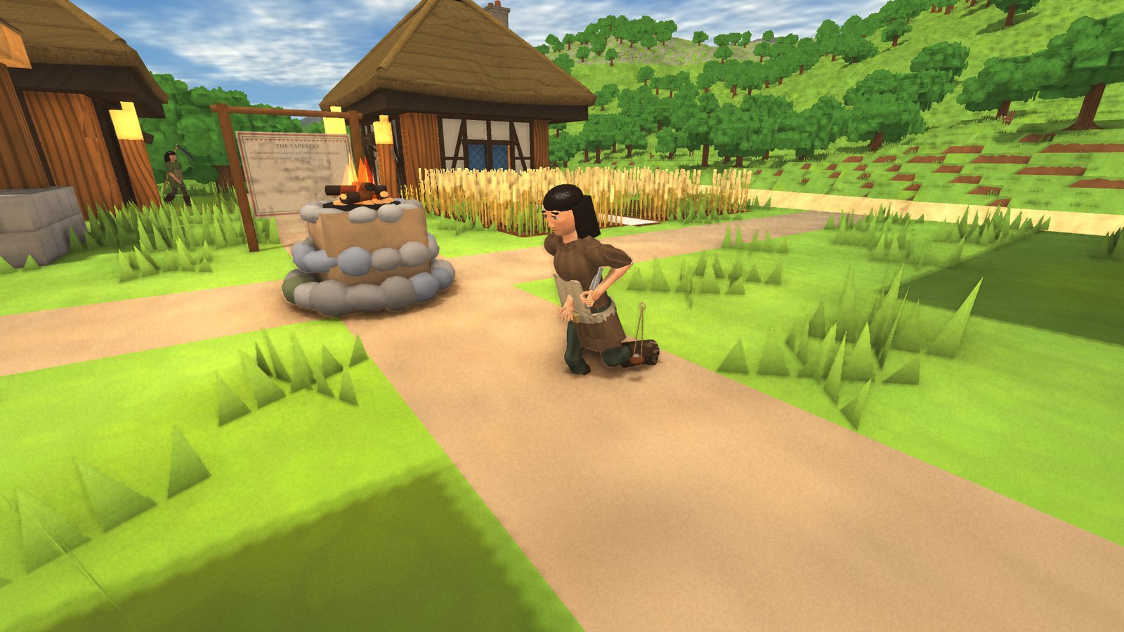 A villager kneels to shear a sheep beside the hearth