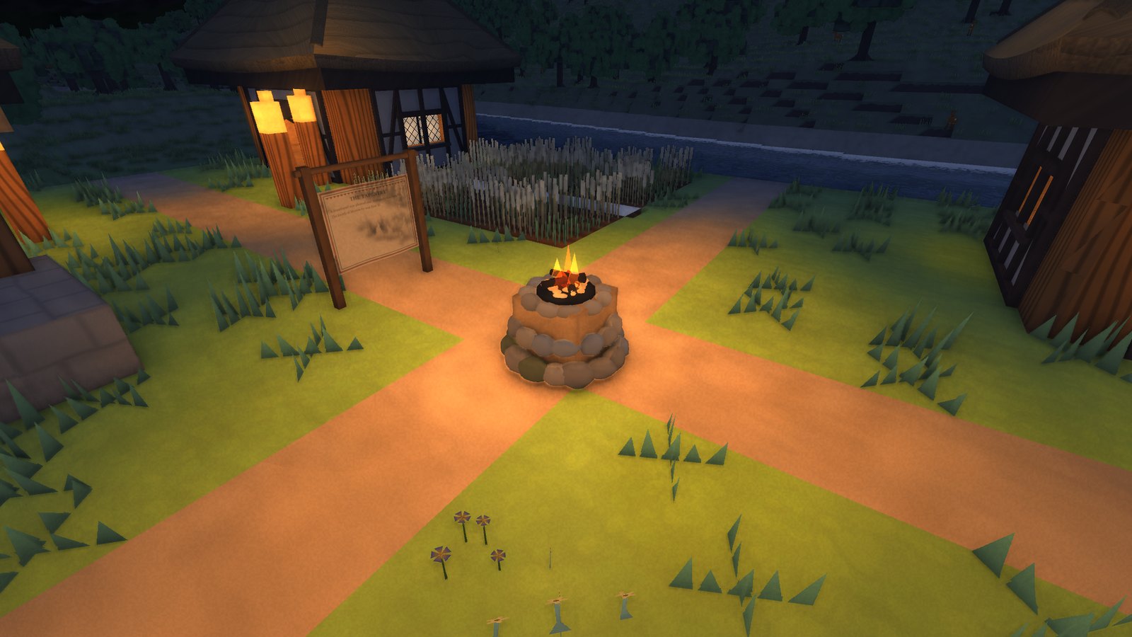 The hearth burning at dusk where the village paths meet