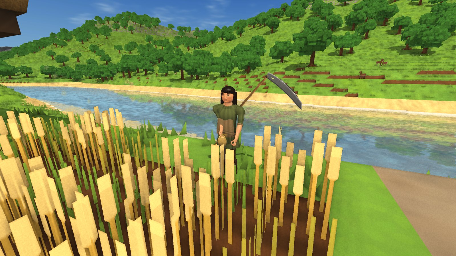 A farmer with a scythe in a field of ripe wheat by the river